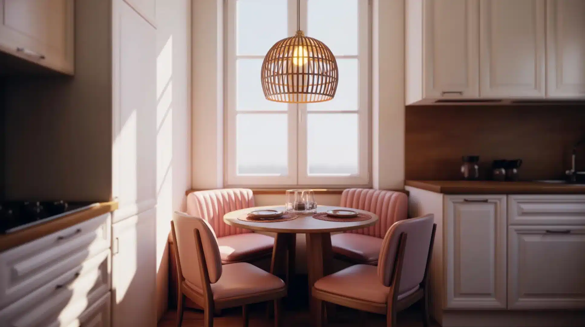 kitchen dining nook with round table, cushioned bench seating, two chairs, woven pendant light