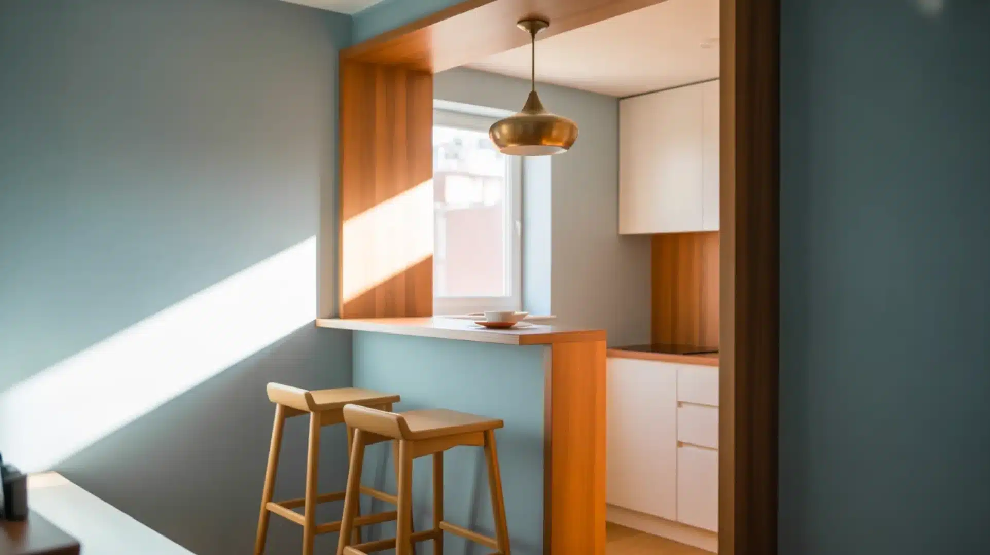 kitchen nook with wooden breakfast bar, two stools, pendant light, white cabinets, window, and soft sunlight on blue walls