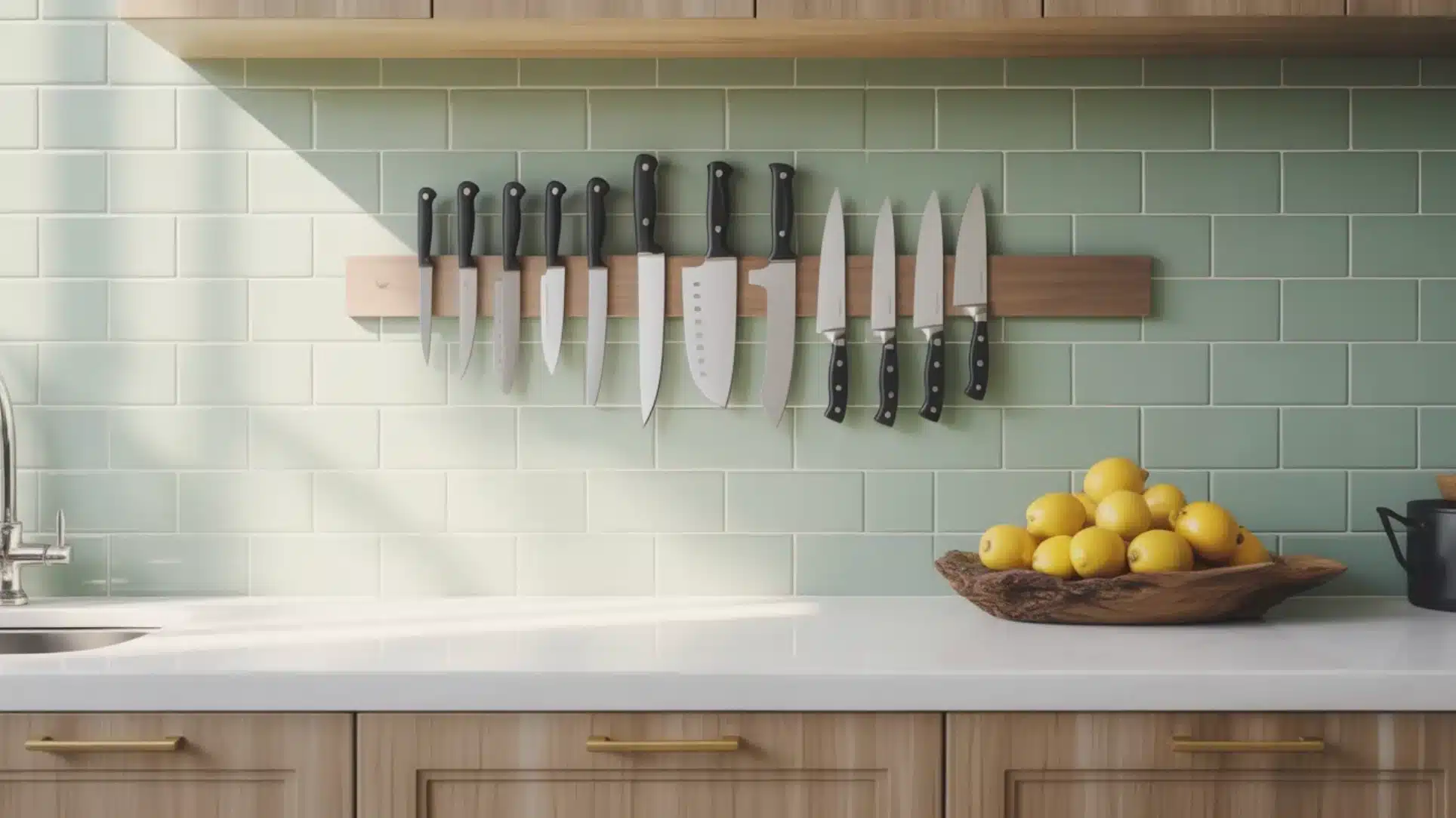 kitchen wall with magnetic knife strip holding knives, green tile backsplash, white countertop, with wooden cabinets