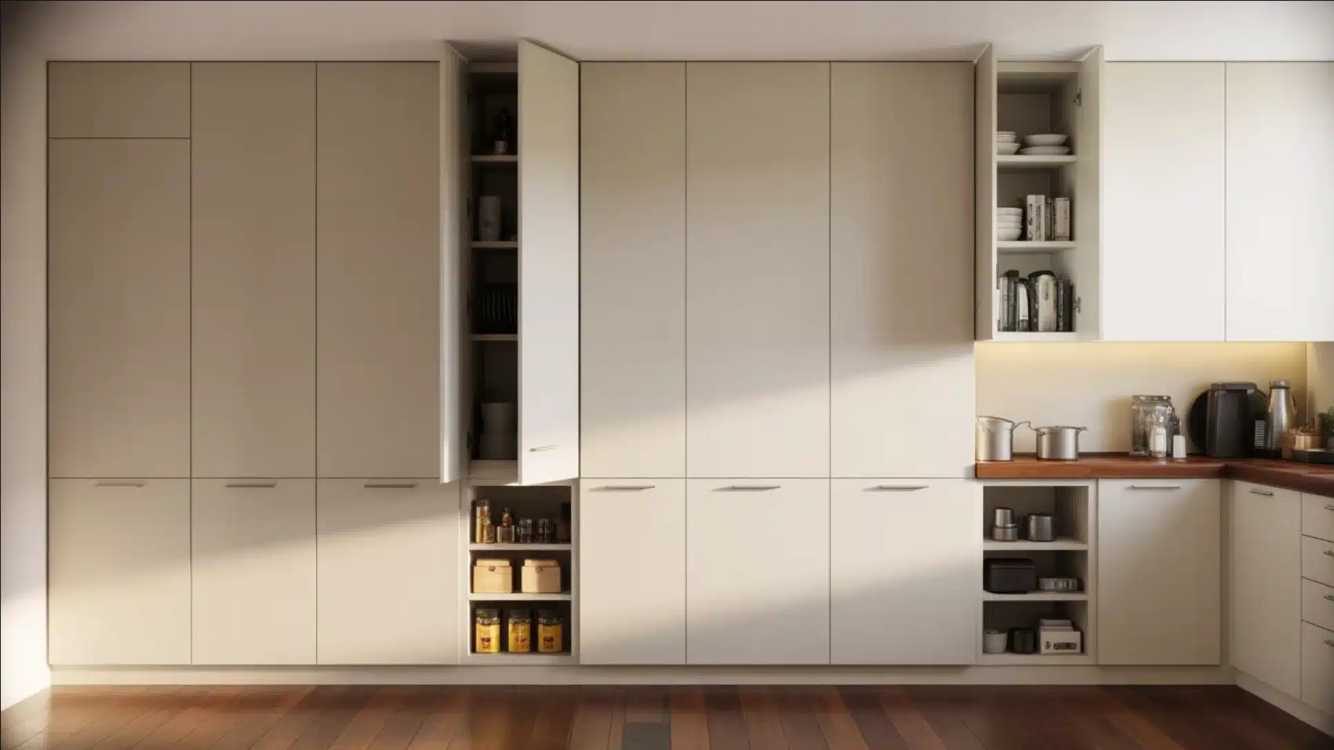 kitchen wall with tall cabinets, open shelves, wood countertop, under-cabinet lighting, and jars on hardwood floor
