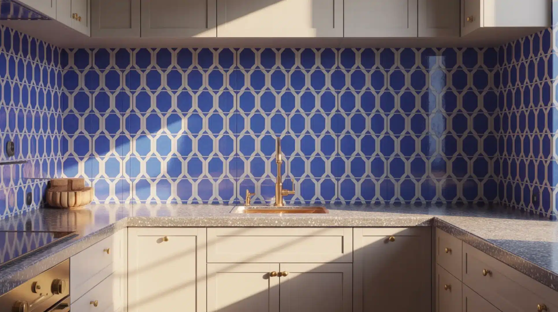 kitchen with blue geometric tile backsplash, beige cabinets, brass faucet, stone countertop, and sunlight