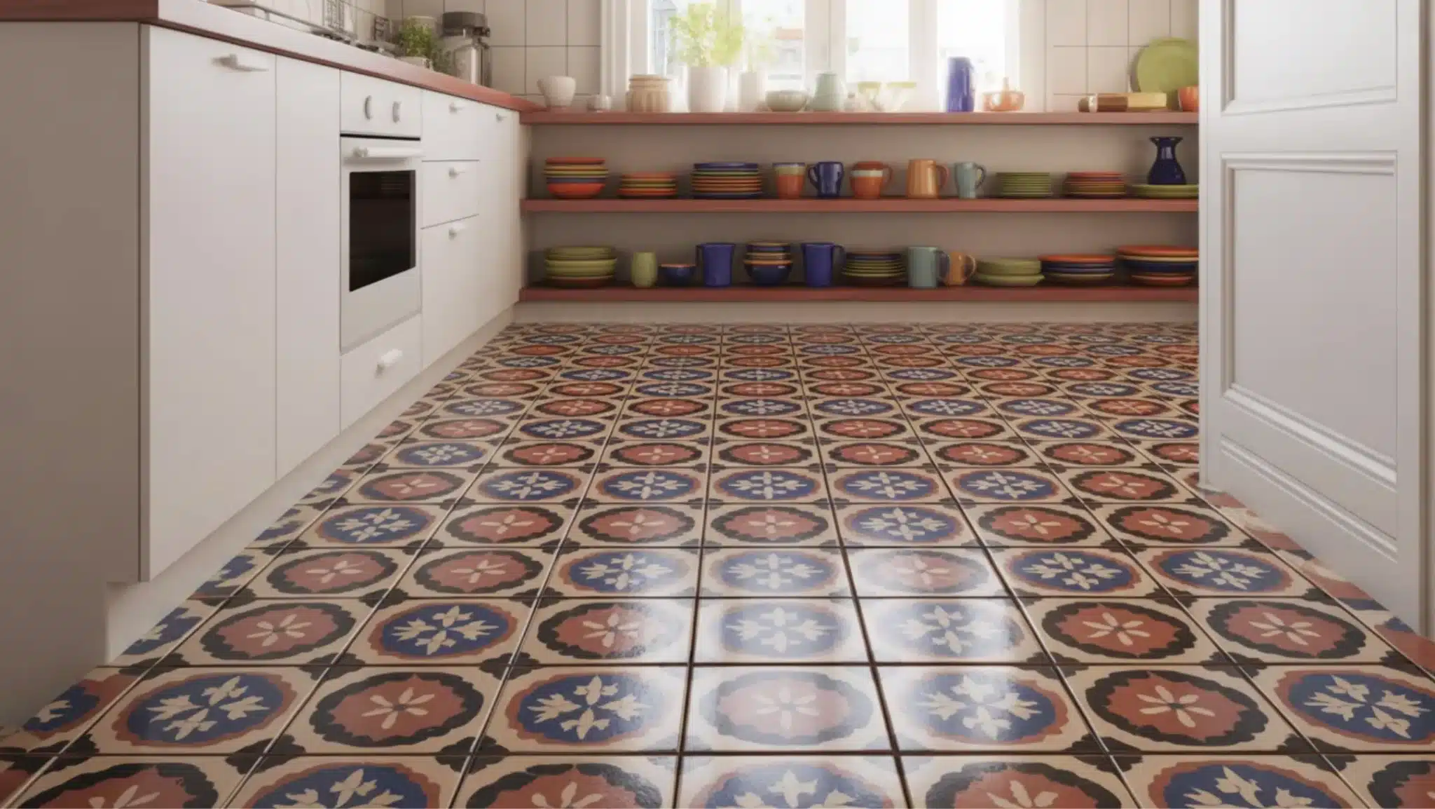 kitchen with colorful tile floor, white cabinets, open shelves filled with dishes, mugs, bowls, and sunlight from window