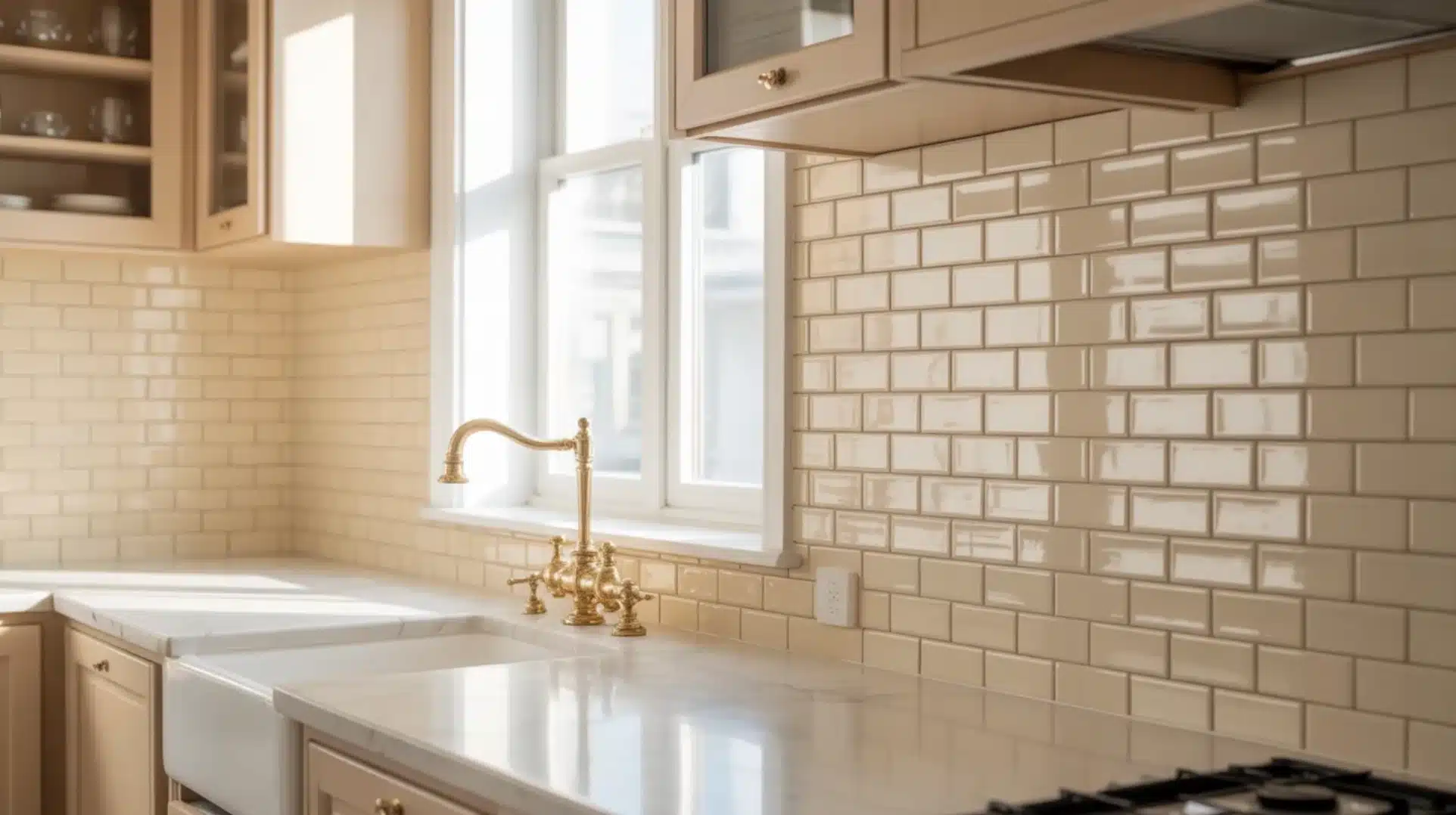 kitchen with cream subway tile backsplash, farmhouse sink, brass faucet, marble countertop, wooden cabinets, and window light