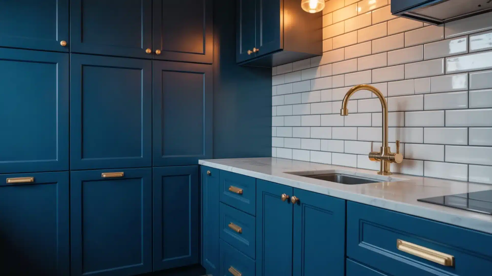 kitchen with deep blue cabinets, brass hardware, white tile backsplash, marble countertop, and gold faucet above sink