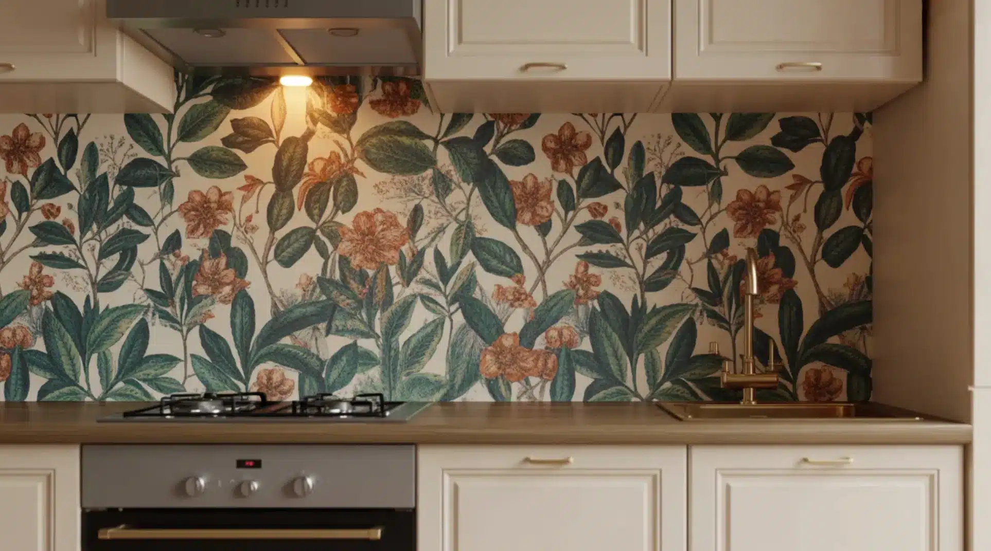 kitchen with floral backsplash, white cabinets, wooden countertop, oven, gas cooktop, and under-cabinet lighting
