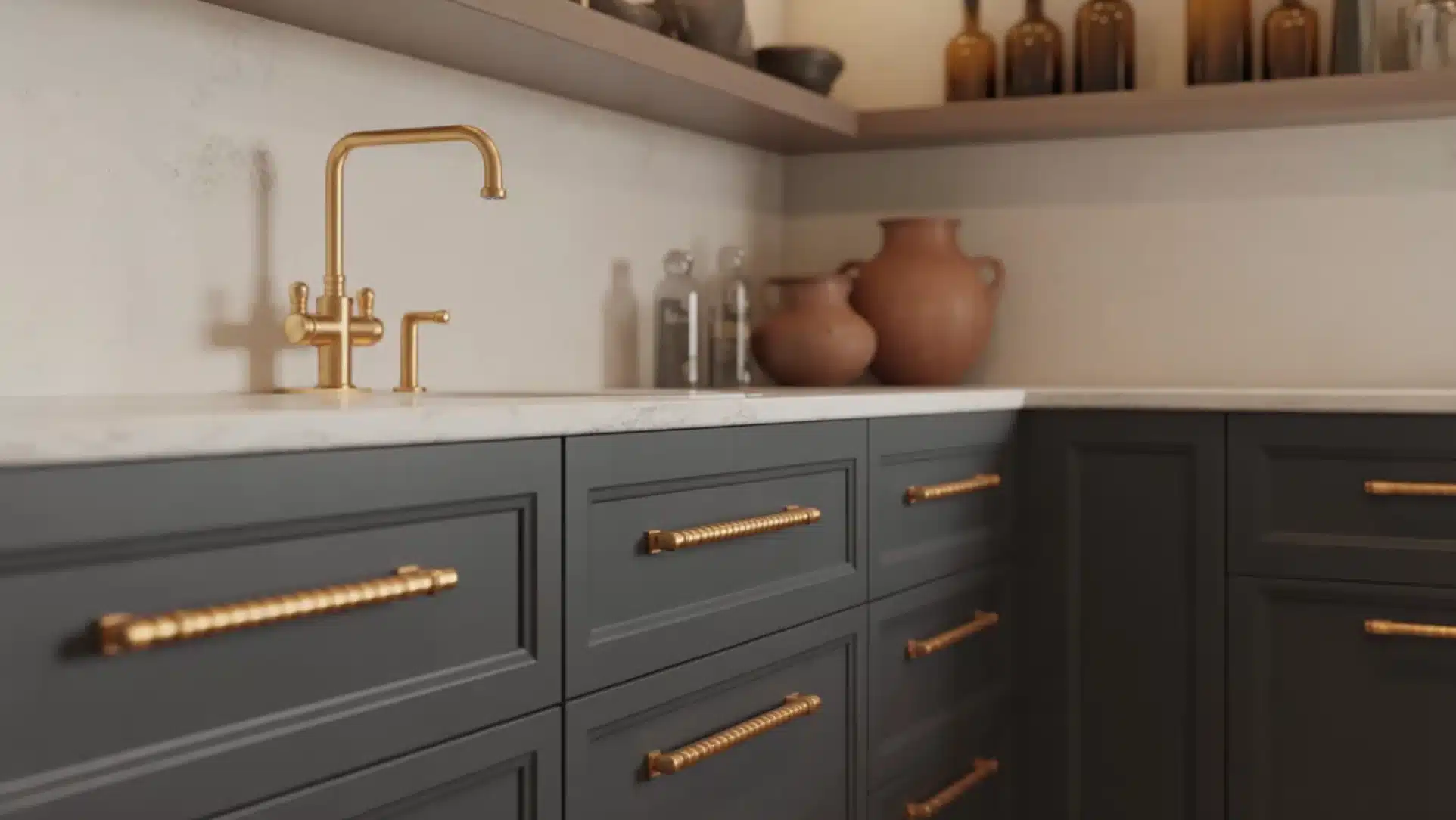 kitchen with gray cabinets, brass drawer handles, white countertop, gold faucet, and open shelf with bottles