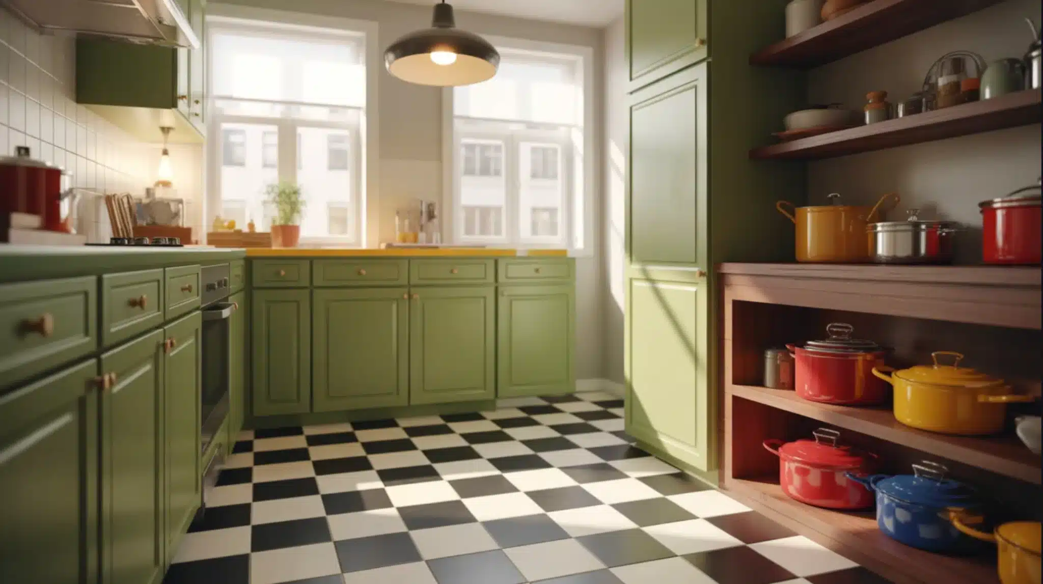 kitchen with green cabinets, black and white checkered floor, open wooden shelves, colorful cookware, and large windows
