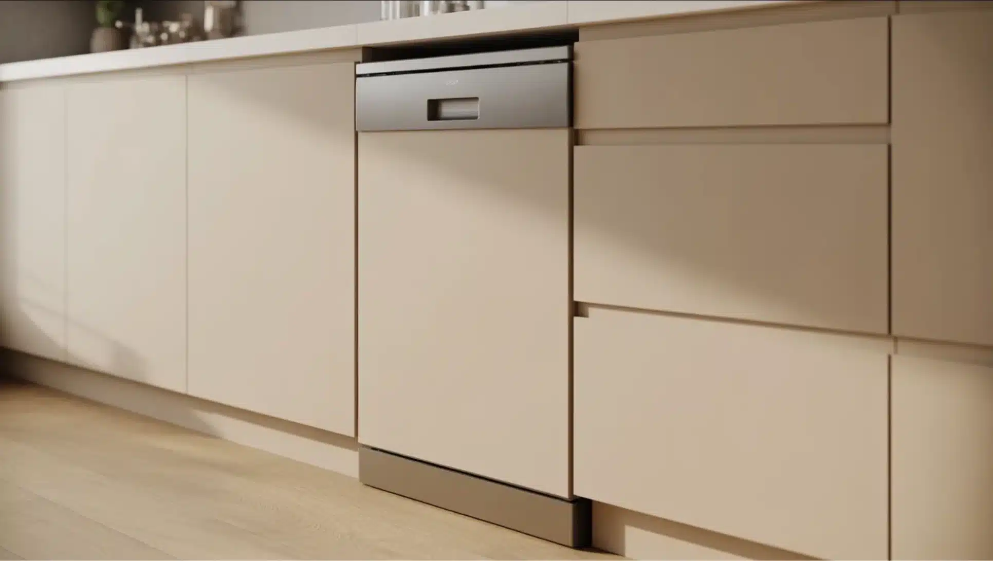 kitchen with integrated dishwasher between beige cabinets, minimalist design, handleless drawers, and wood flooring