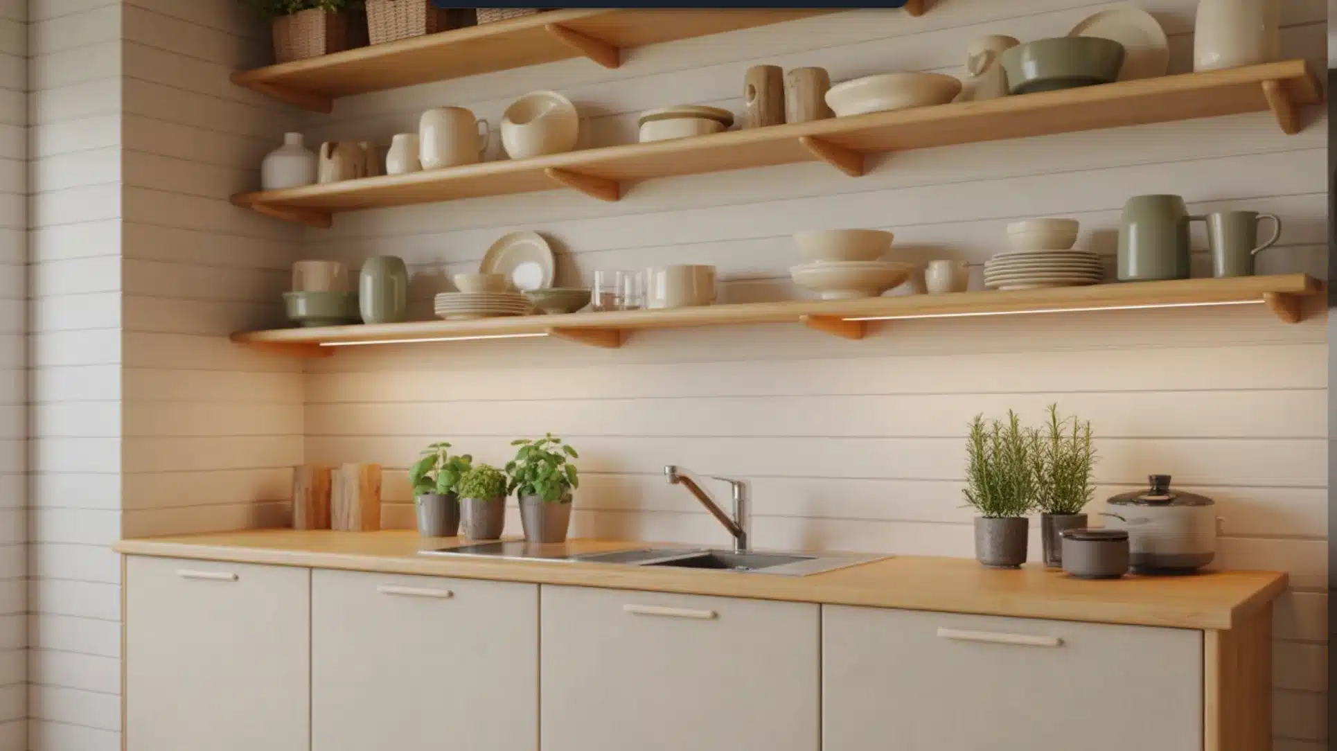 kitchen with open shelves, stacked dishes, small plants, white cabinets, wooden countertop, sink, and simple decor