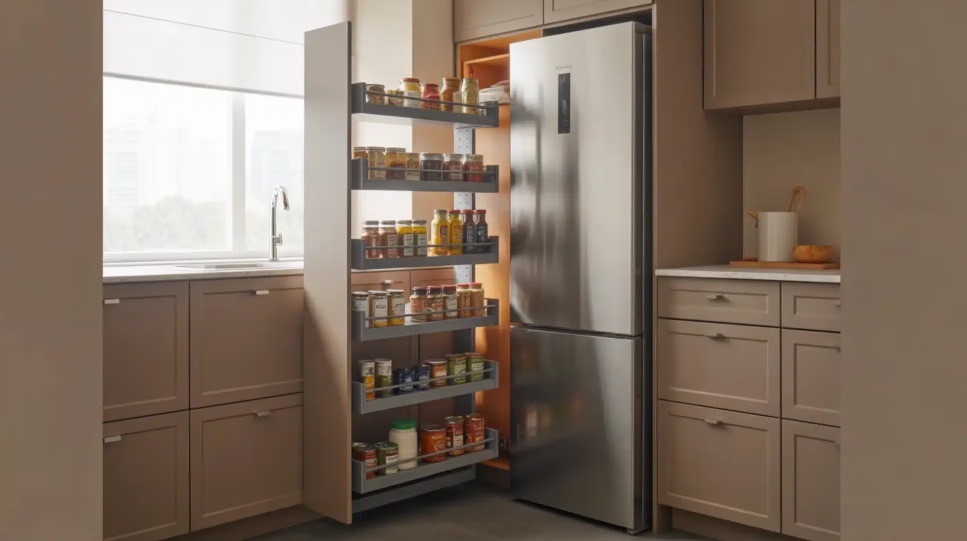 kitchen with pull-out pantry beside refrigerator, spice jars, tall storage rack, beige cabinets, and countertop