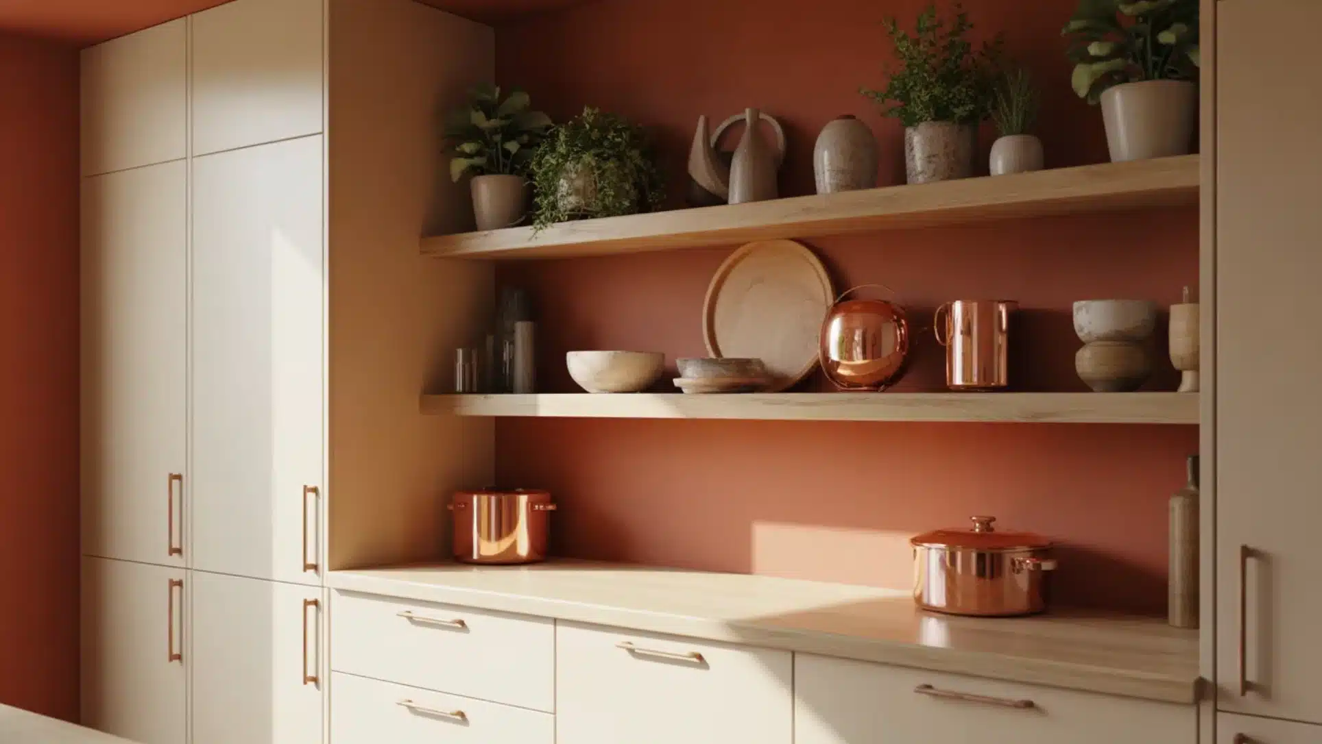 kitchen with terracotta wall, open shelves, potted plants, copper cookware, bowls, and beige cabinets with handles