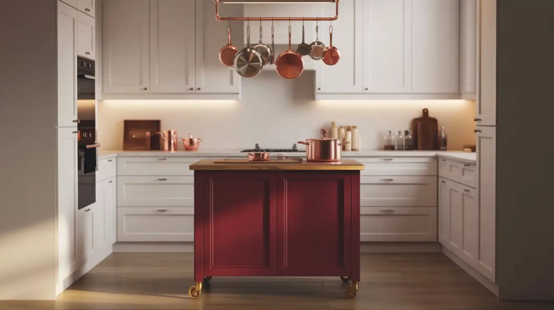 kitchen with white cabinets, red island cart, hanging copper pots, wooden countertop, and under-cabinet lighting
