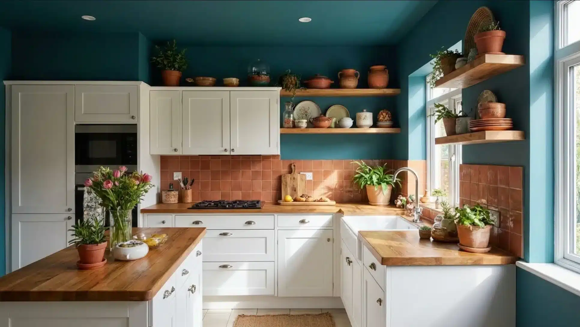 kitchen with white cabinets, teal walls, wooden countertops, terracotta tile backsplash, open shelves, and a sink
