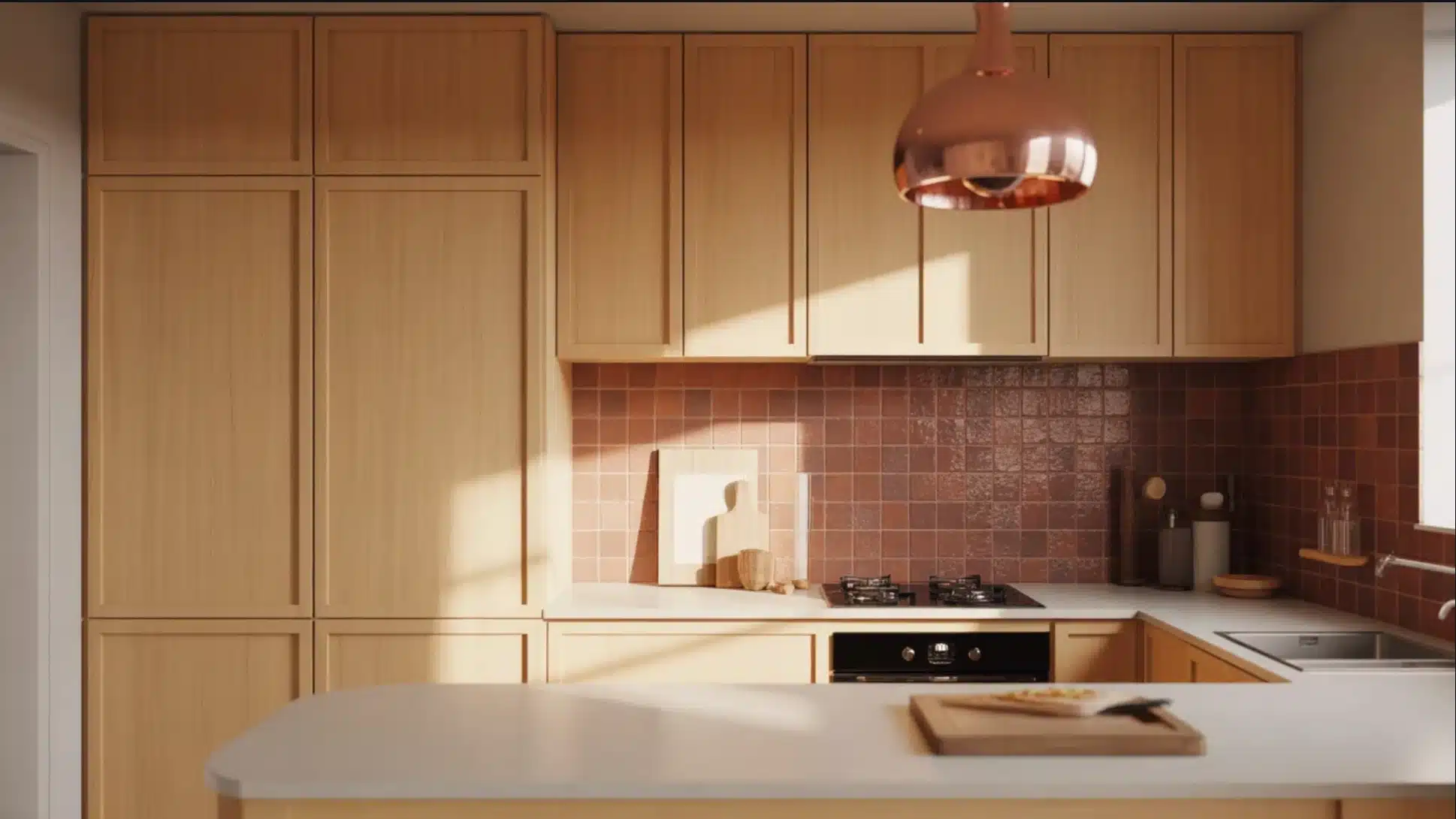 kitchen with wood cabinets, terracotta tile backsplash, copper pendant light, white countertop island, and built-in oven