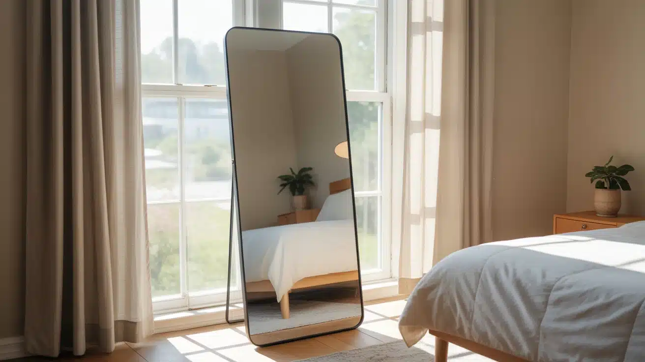 Large mirror reflecting window light in a small bedroom
