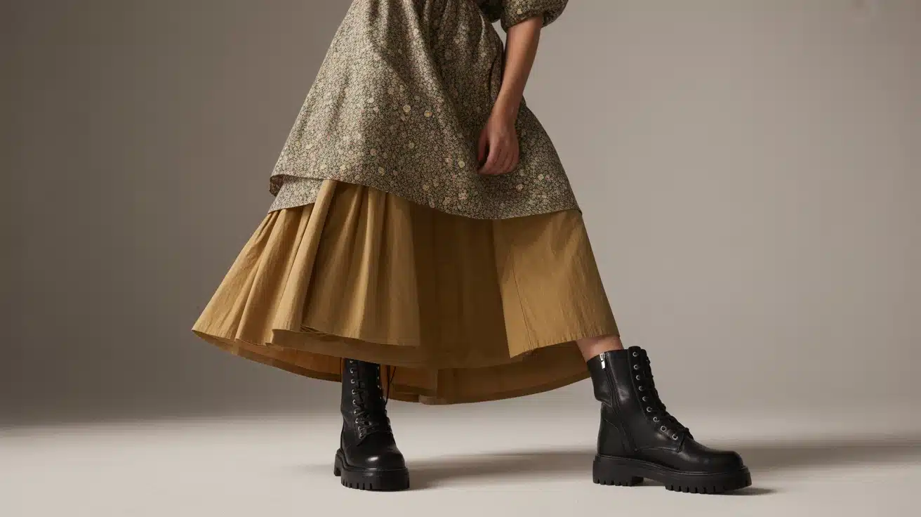Layered dresses with statement boots for textured indie style