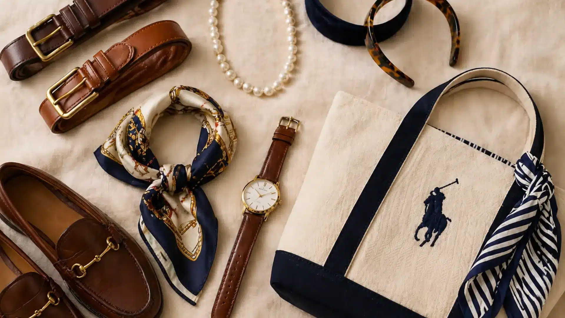 Leather belts, scarf, watch, tote bag, headbands, and pearls arranged as preppy accessories