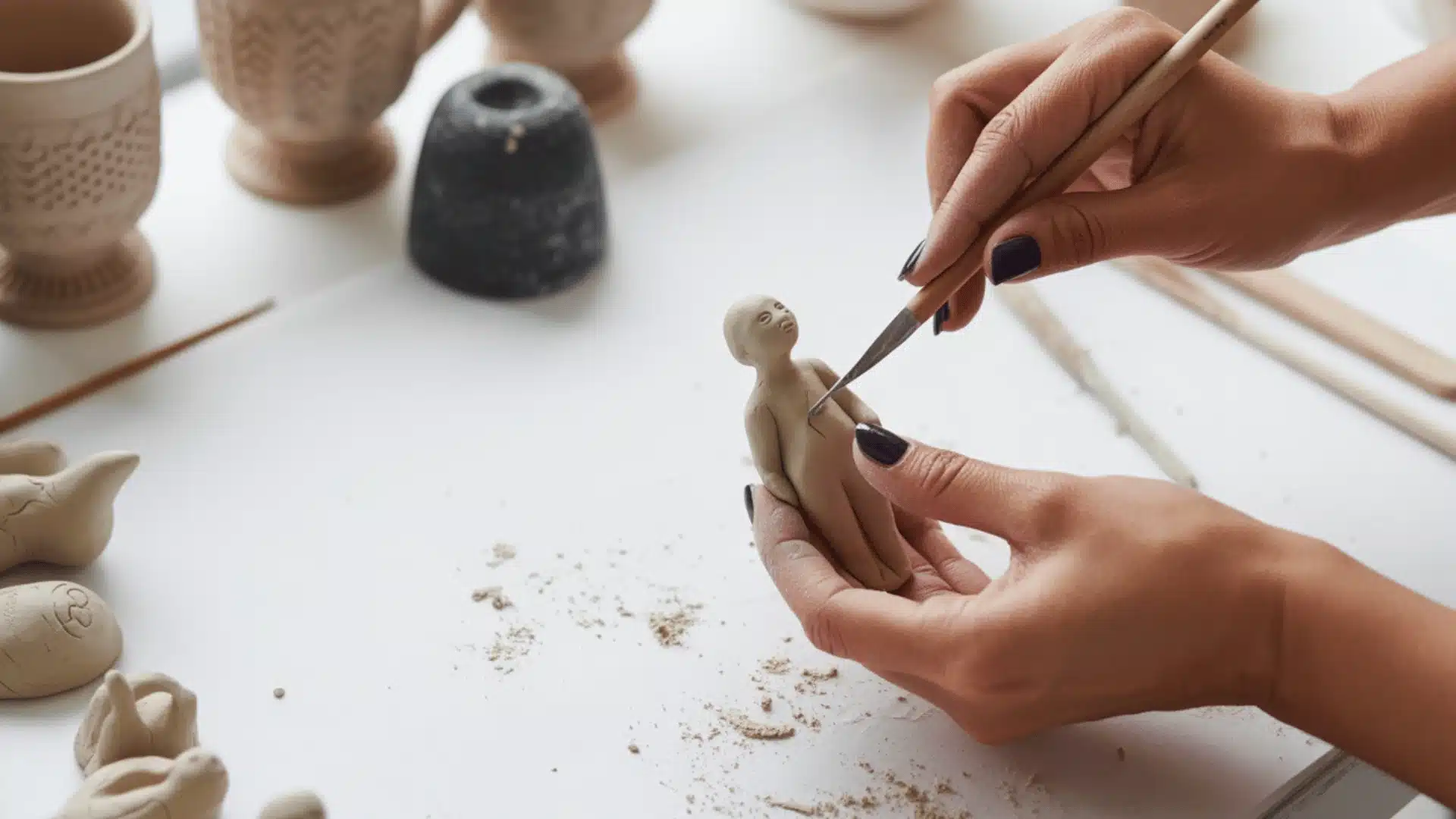 lose-up photograph of hands working with clay on a white work surface the hands are sculpting a small beige clay