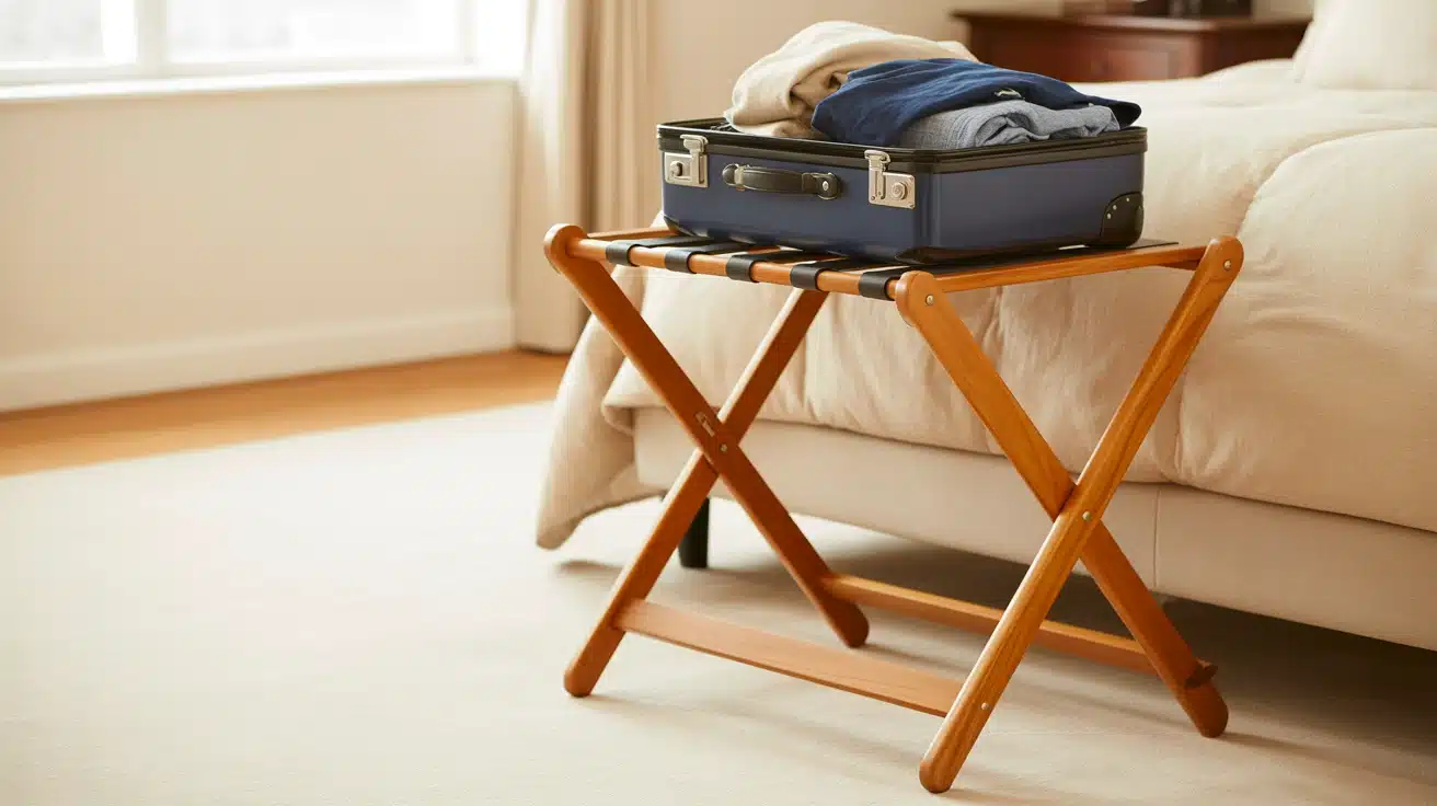 Luggage rack holding a suitcase in a small bedroom