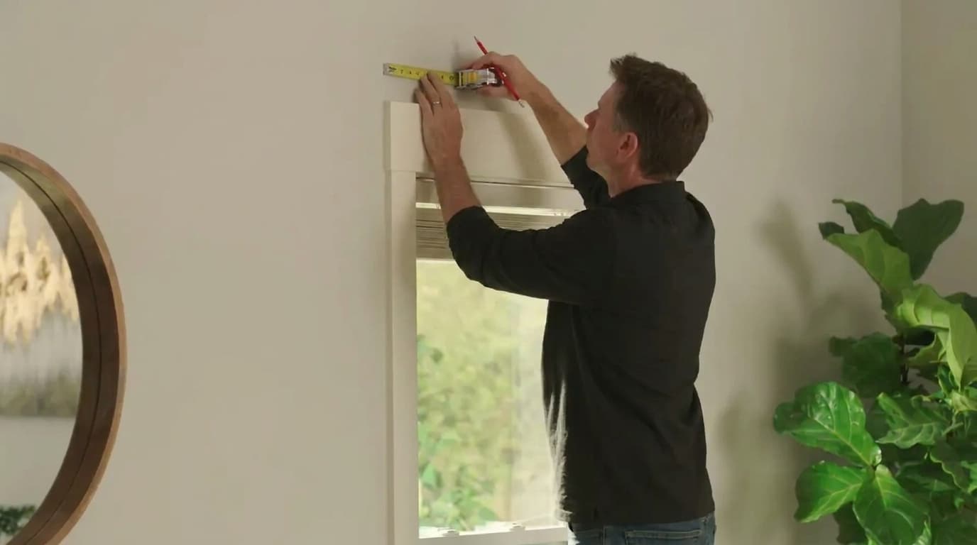man using a tape measure and pencil to mark bracket placement above a window frame for curtain installation