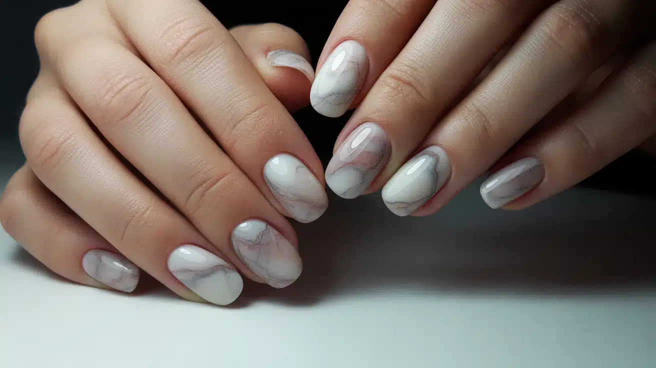 marble-inspired blooming gel nails with smooth veins and luxurious stone-like effect