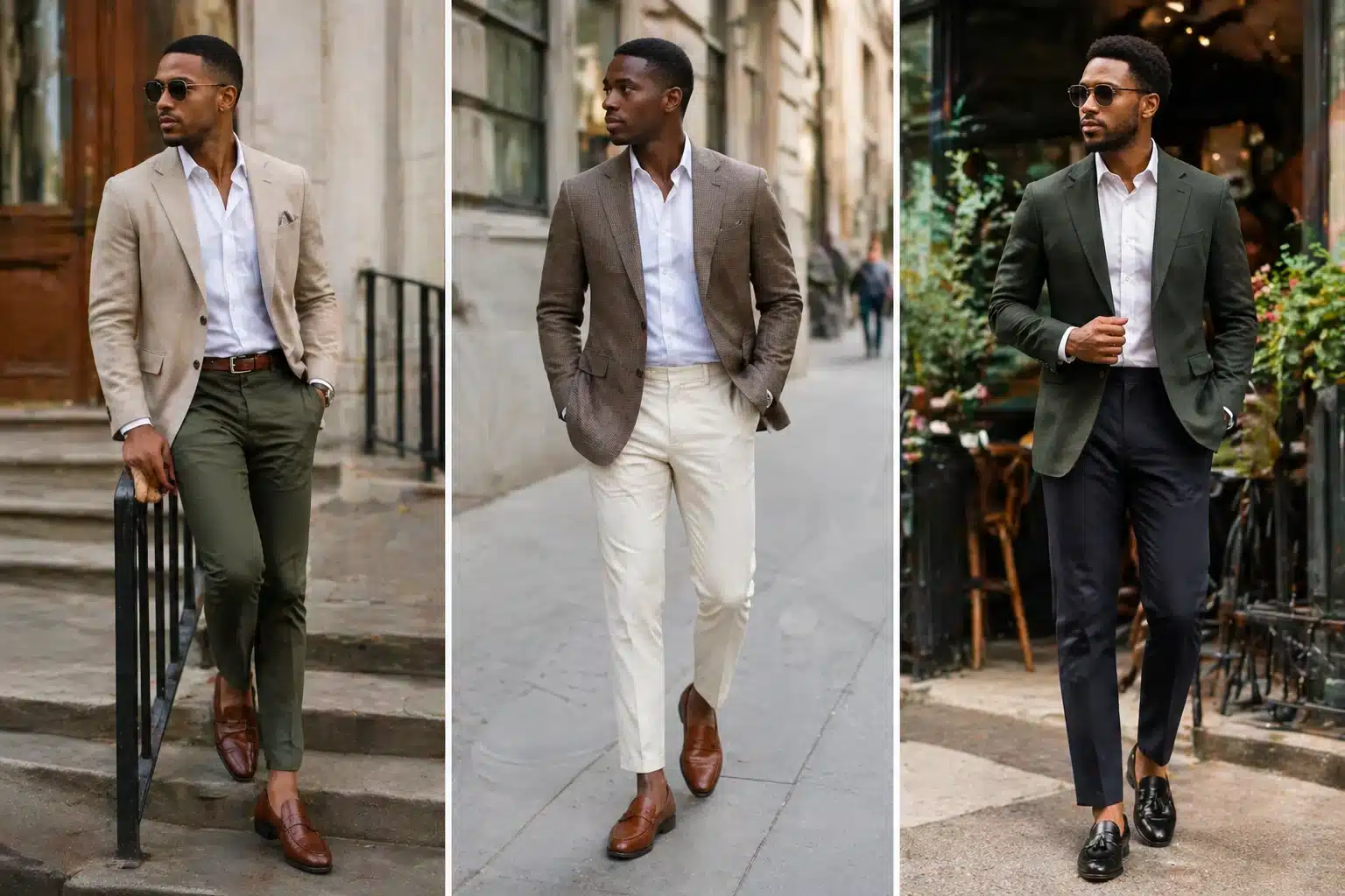 men in smart casual outfits, beige, brown, green