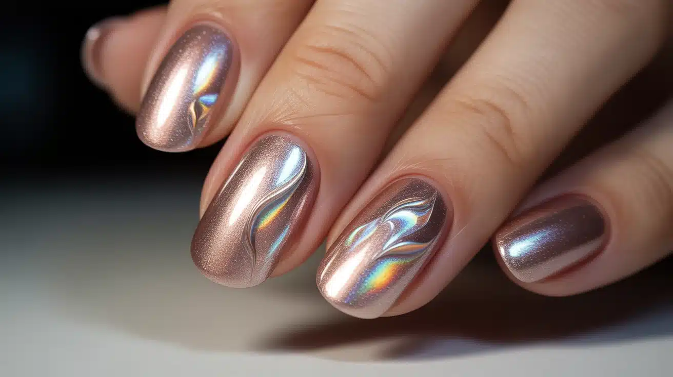 metallic and shimmering blooming gel nails with rose gold champagne and holographic effects for a luxurious and light-catching design