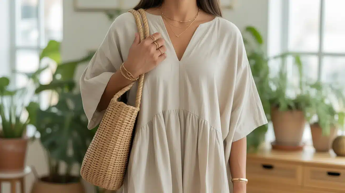 minimal boho outfit with beige linen dress, simple jewelry, woven bag, neutral tones, and clean silhouettes in bright airy room