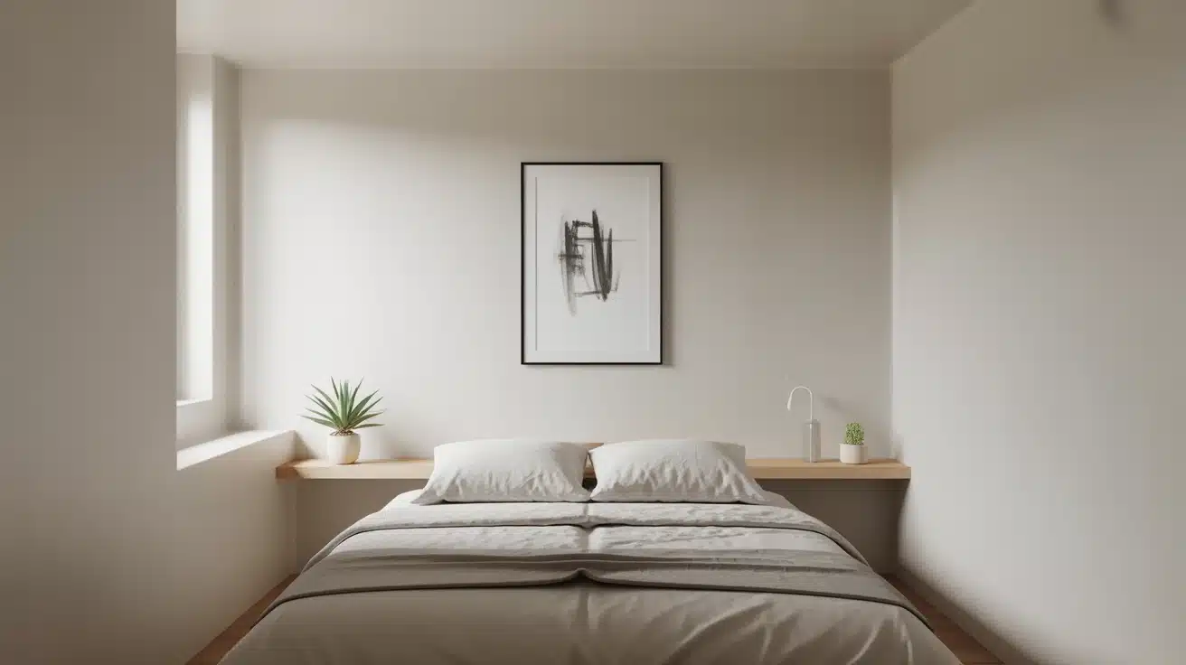 Minimal decor with a single art piece in a small bedroom
