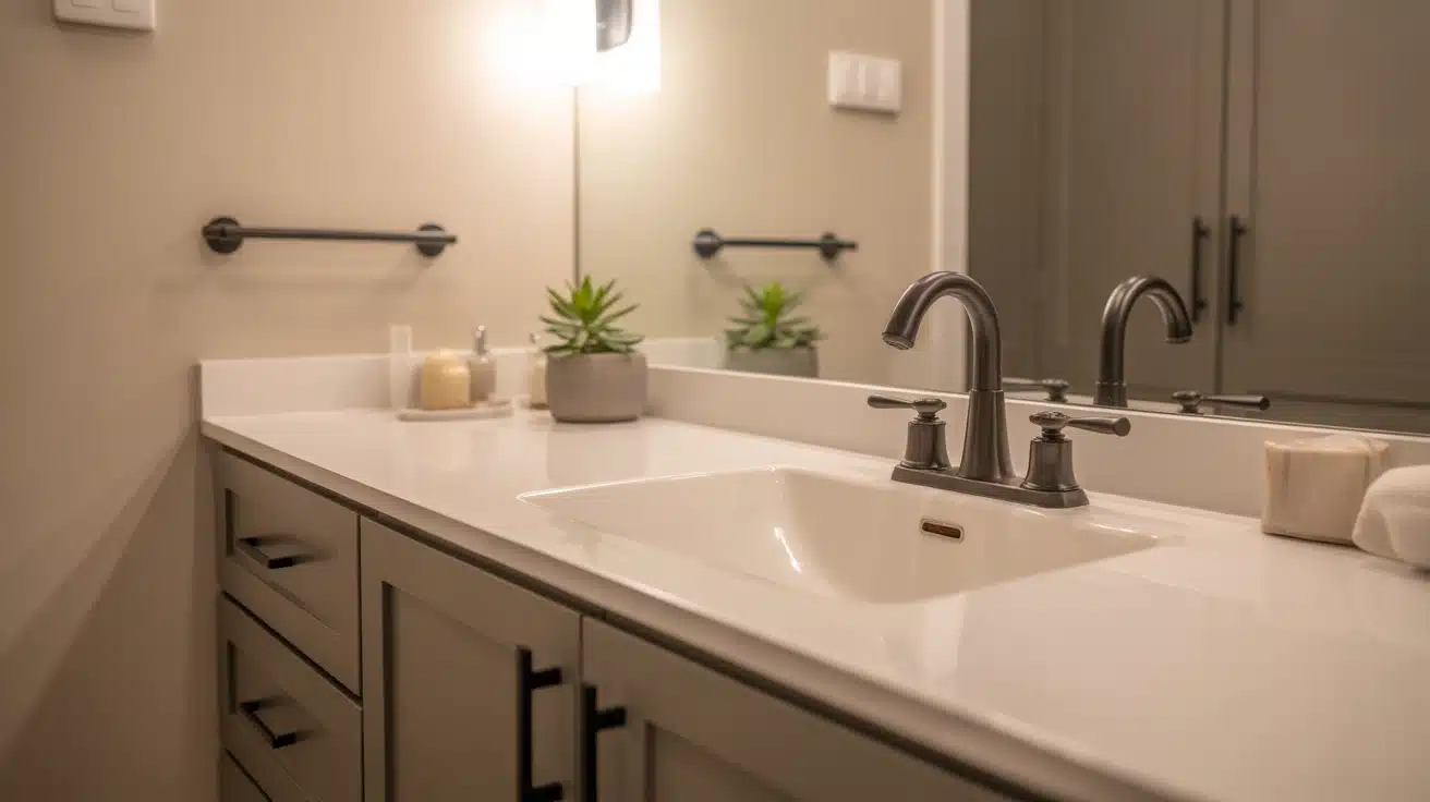 modern bathroom sink with matte black faucet and matching handles giving updated clean and minimal look