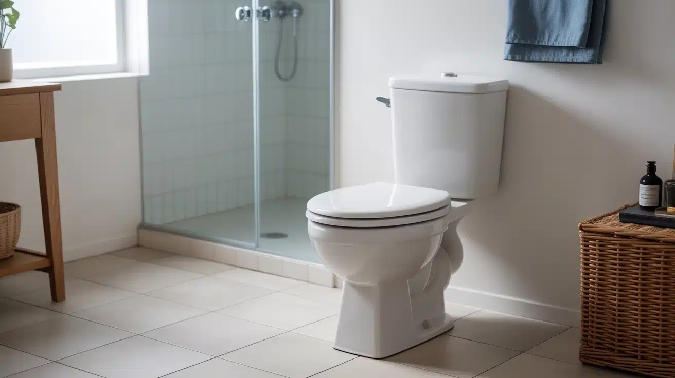 modern bathroom with white dual flush toilet clean design water saving fixture in minimal space