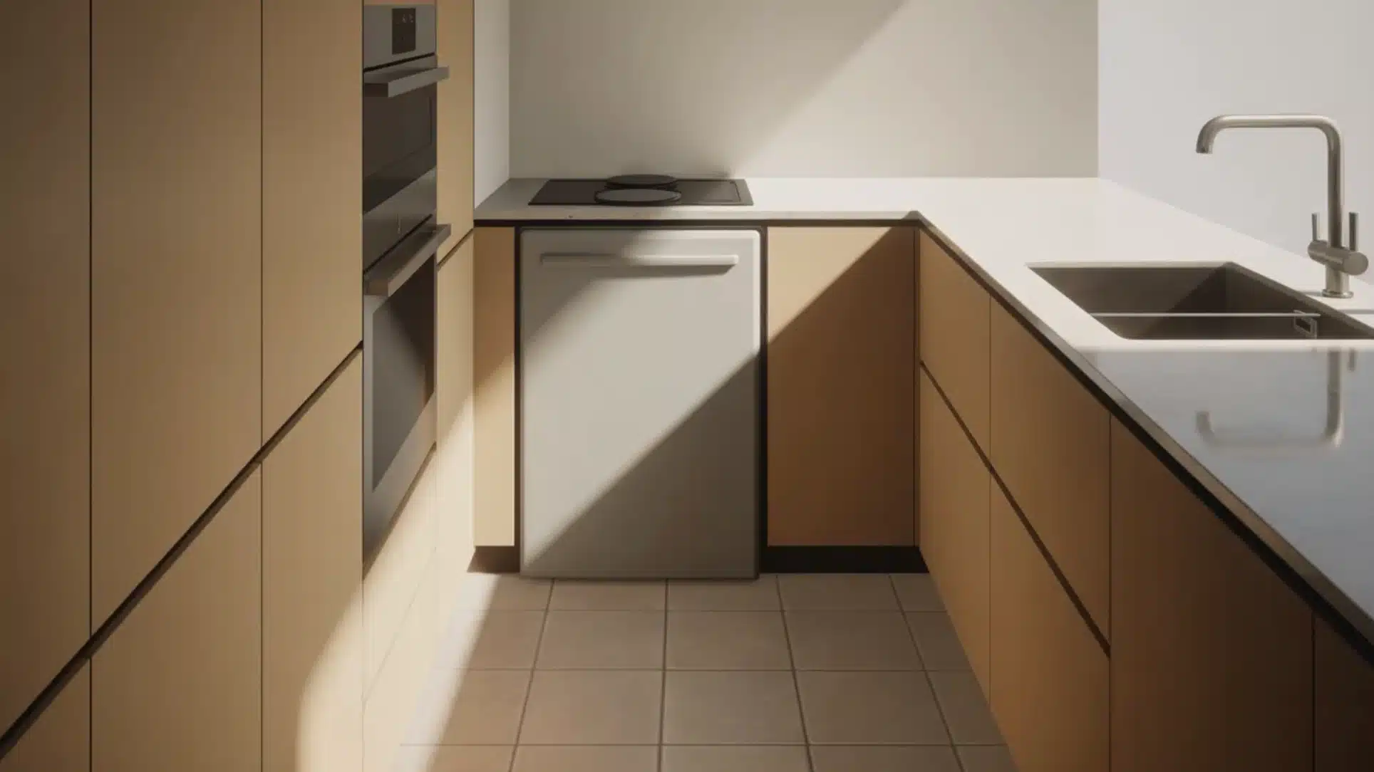 modern kitchen corner with tan cabinets, built-in oven, dishwasher, white countertop, stainless sink, and cooktop