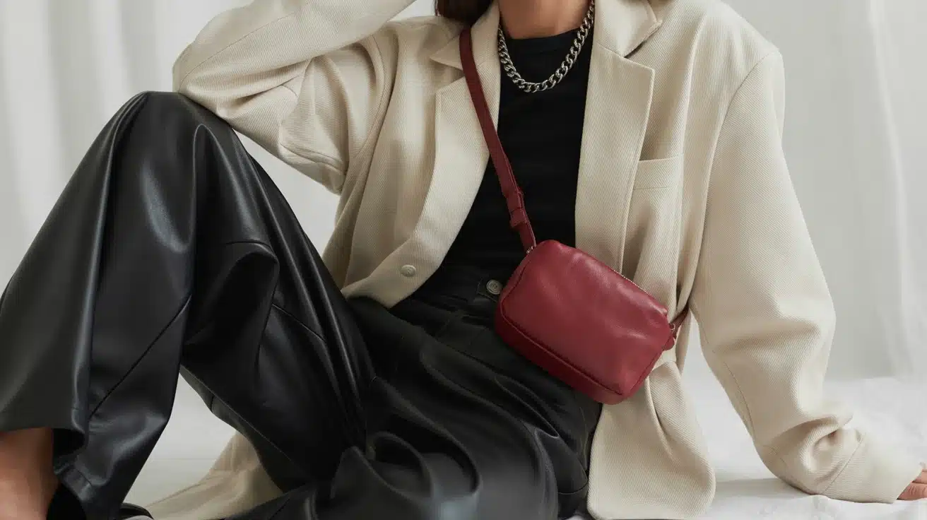 Monochrome indie look with mixed textures and contrasting accessory