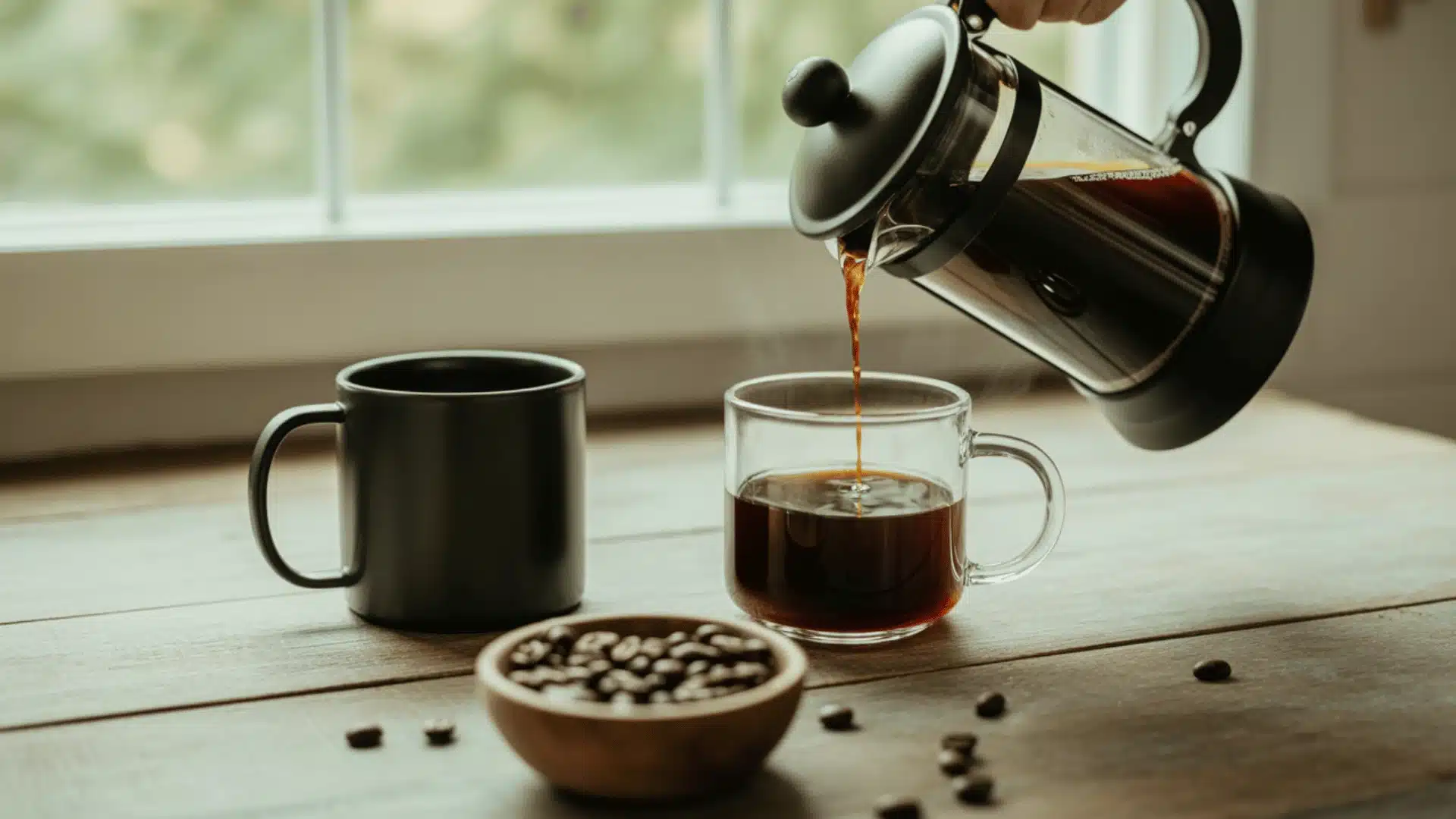 moody, atmospheric photograph of coffee preparation on a wooden table by a window