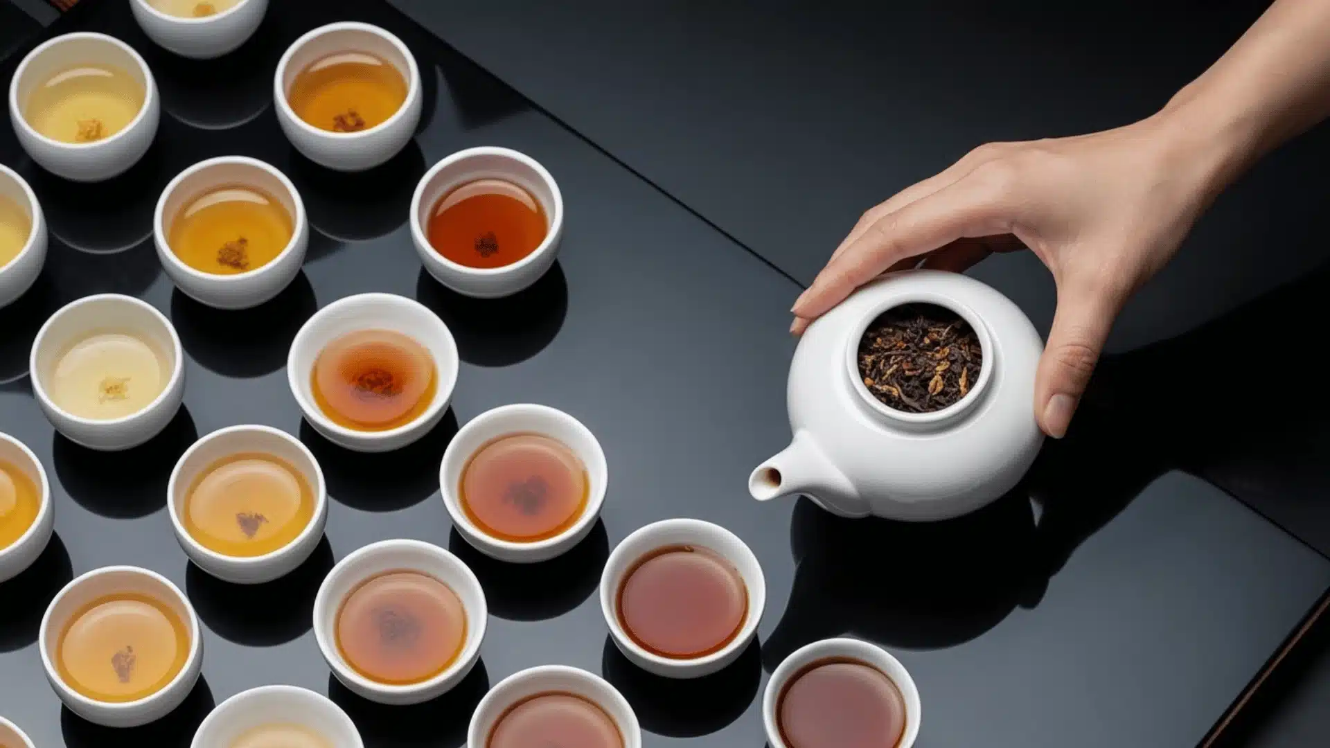 Multiple white porcelain cups and bowls are arranged in a diagonal line, each containing different tea