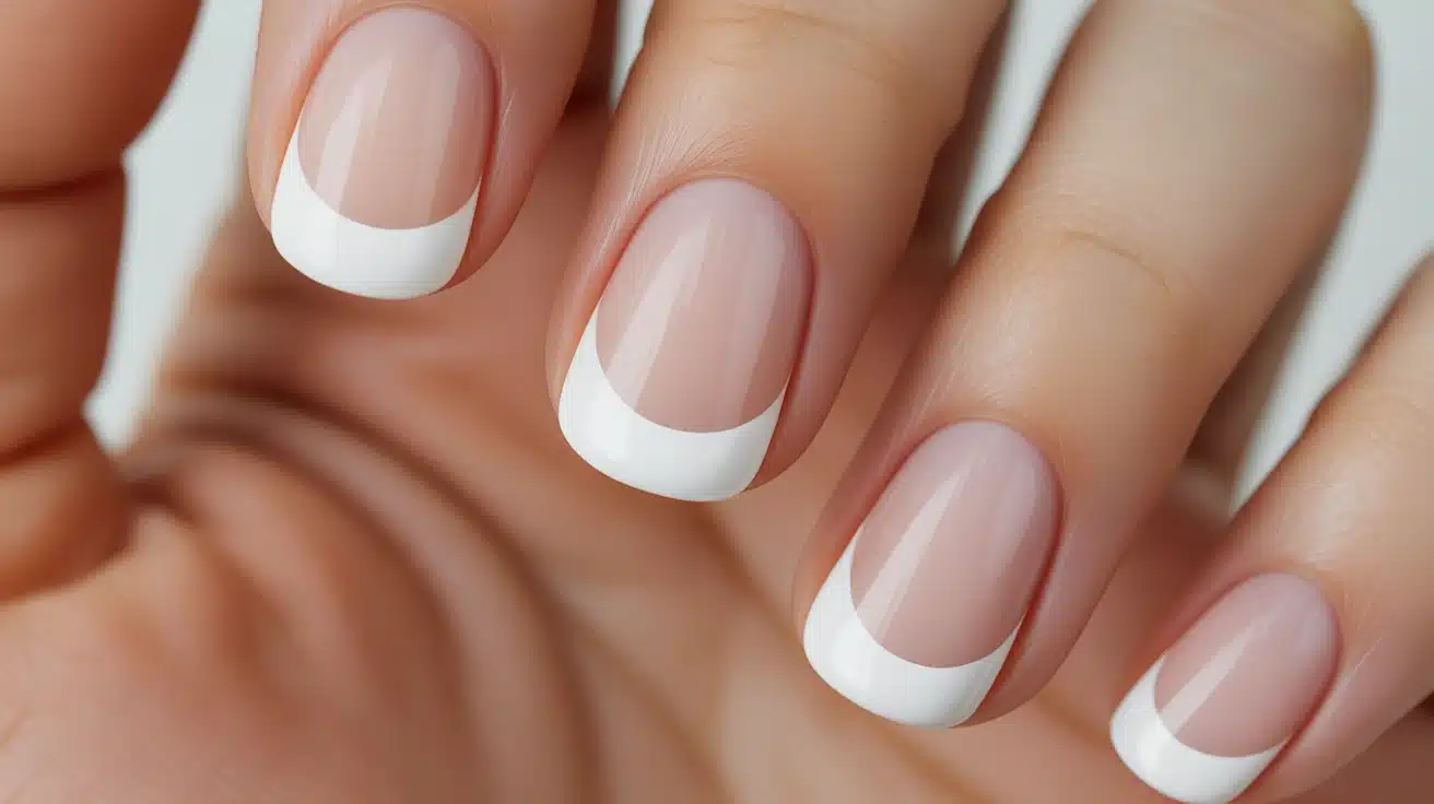 nails featuring a white half moon at base with rest left nude creating a clean vintage inspired design