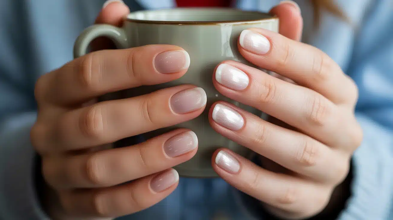 nails painted in soft milky white polish with a semi sheer finish giving a clean natural and slightly brightened appearance