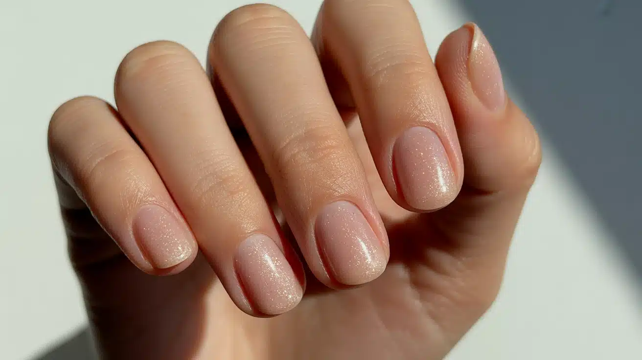 Nails with subtle fine glitter blended into base creating a soft shimmer that looks natural under light