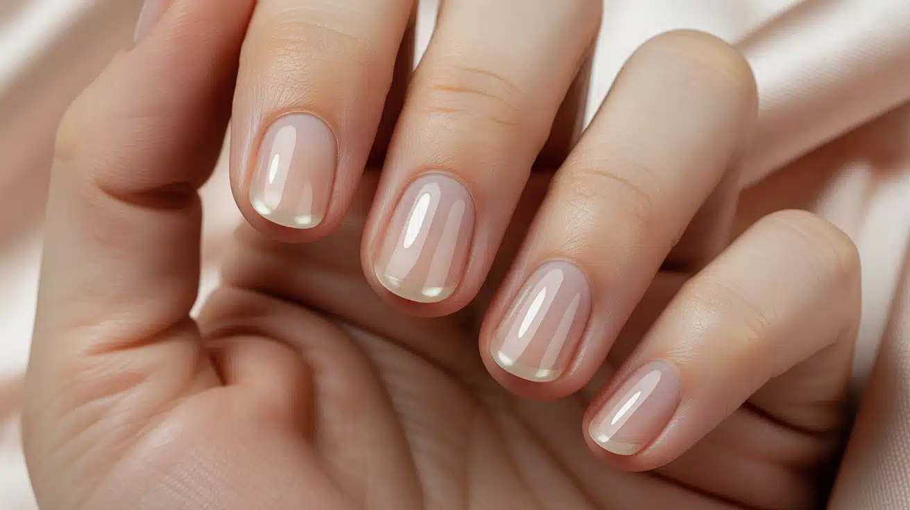 natural nails with clear glossy coat reflecting light evenly for a clean polished look without any added color