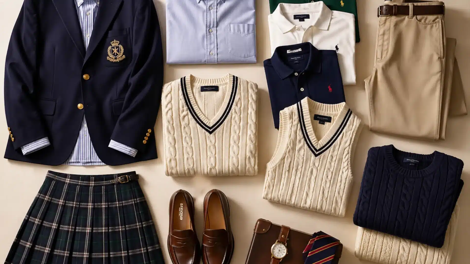 Navy blazer, cable knit vests, chinos, loafers, and plaid skirt laid out as classic preppy staples