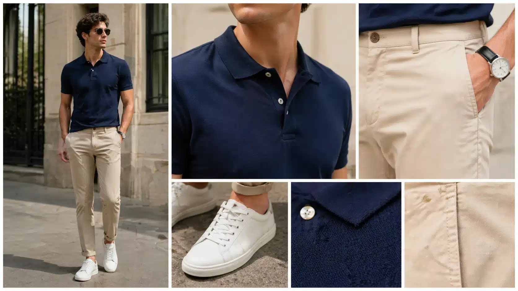 navy polo, beige chinos, white sneakers, close-up details