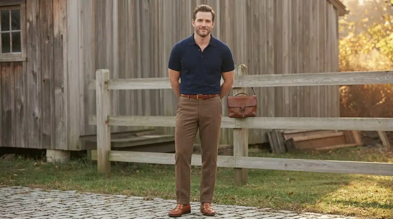 Brown pants with a navy polo shirt and tan loafers