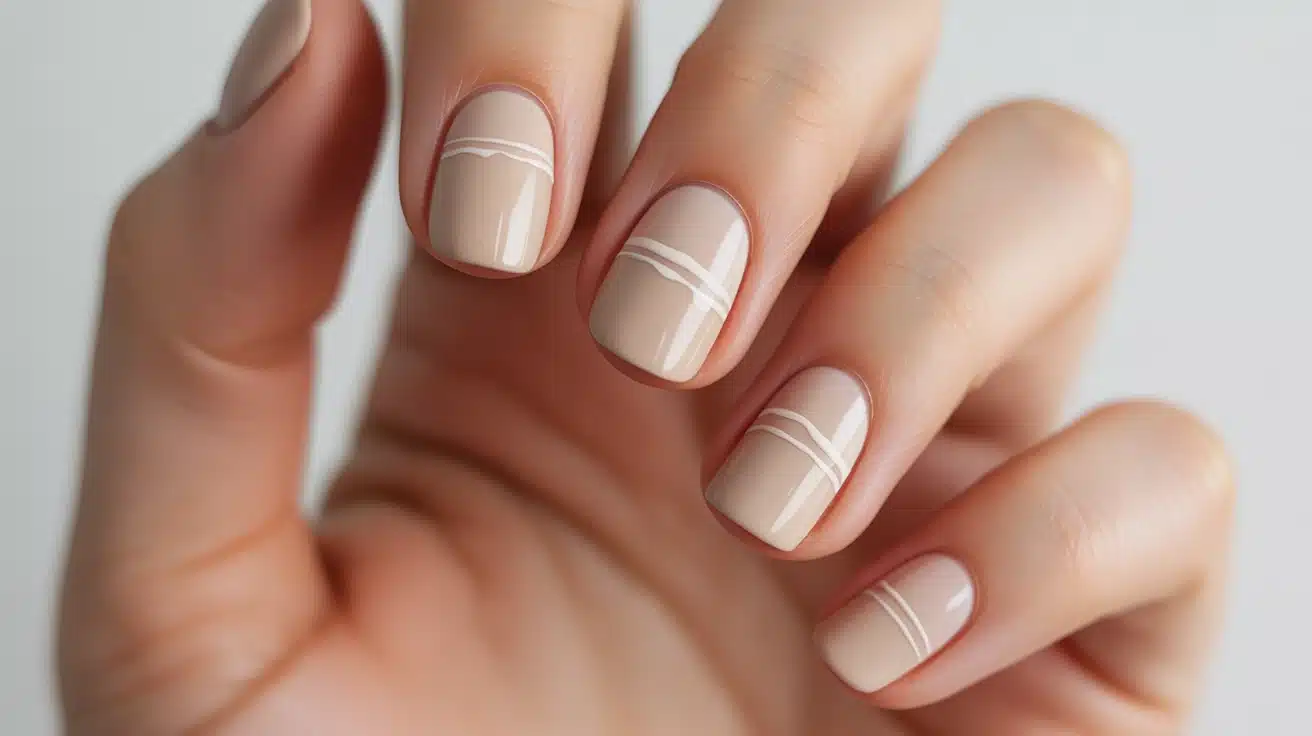 neutral nails with sections left unpainted forming clean shapes that create a simple modern minimal style