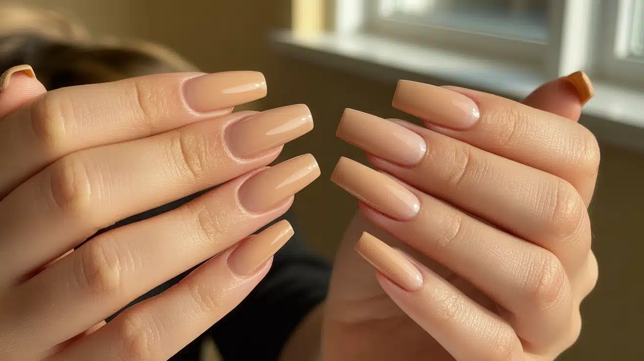 nude coffin shaped nails with glossy surface highlighting the sharp shape while keeping color simple and clean