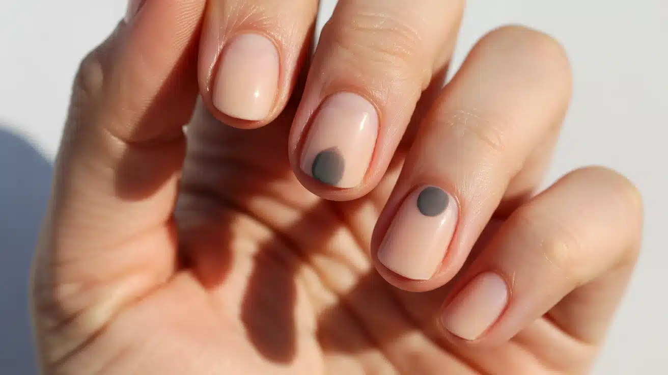 nude nails featuring one small dot near the cuticle on an accent nail creating a simple and clean minimal design