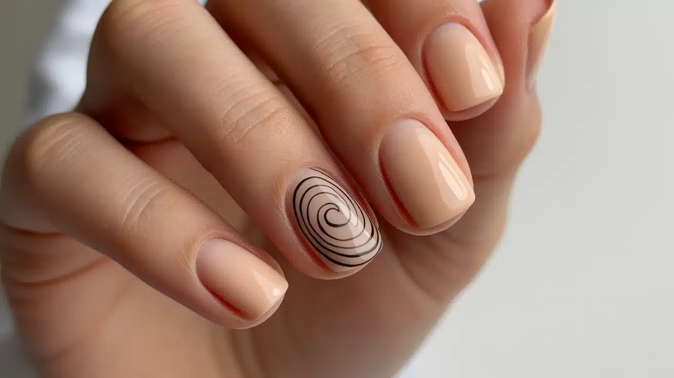 nude nails with a fine swirl detail on one nail adding a subtle artistic touch without overwhelming the design