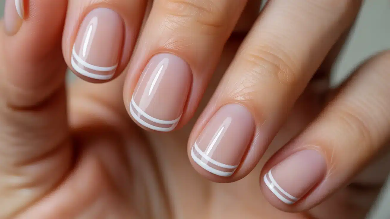 nude nails with double thin tip lines adding layered detail while still keeping the overall look simple