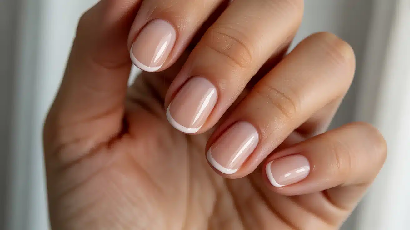 nude nails with very thin white micro French tips creating a subtle refined edge while keeping a natural minimal style