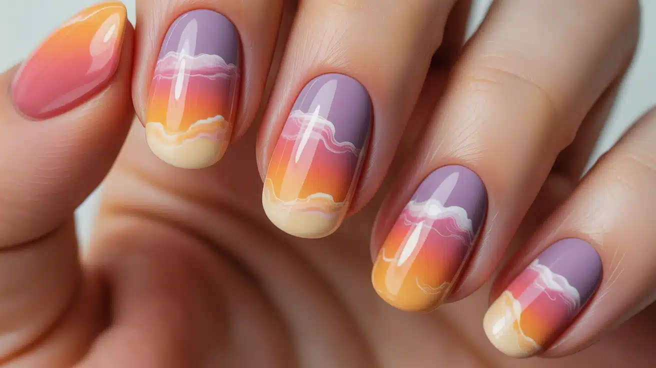 ombre blooming gel nails with vibrant sunset gradients of coral, peach, and magenta