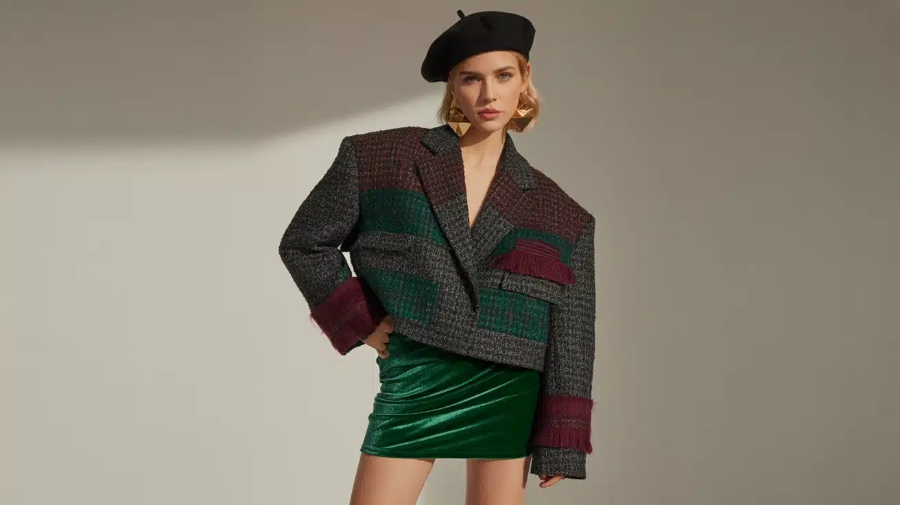 Oversized plaid blazer with mini skirt, statement earrings, and beret